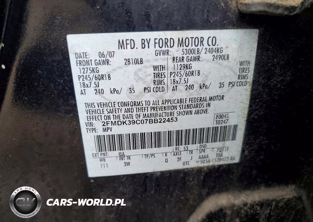 2007 Ford Edge Sel Plus VIN:2FMDK39C07BB22453 - 14