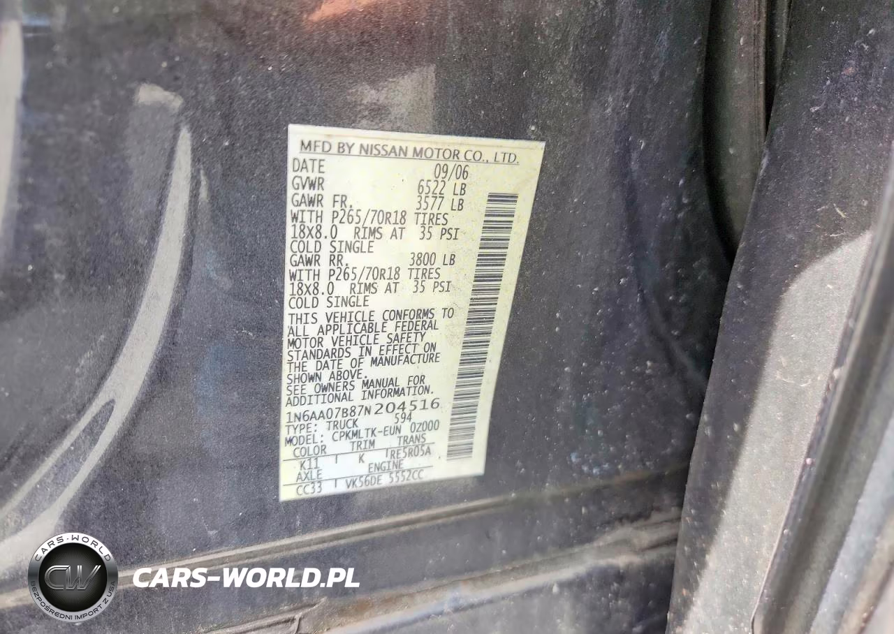 2007 Nissan Titan Xe VIN:1N6AA07B87N204516 - 12