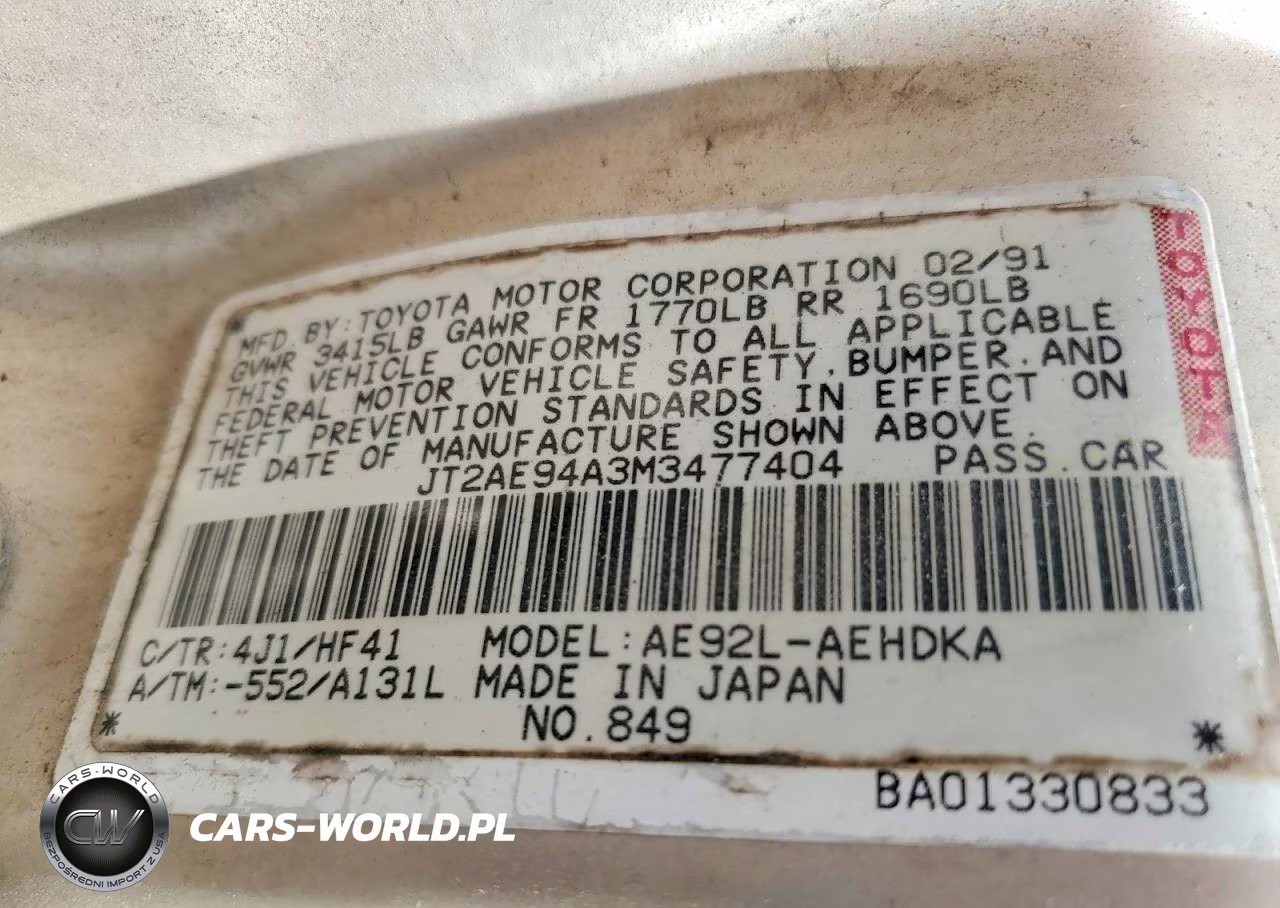 1991 Toyota Corolla Deluxe VIN:JT2AE94A3M3477404 - 12