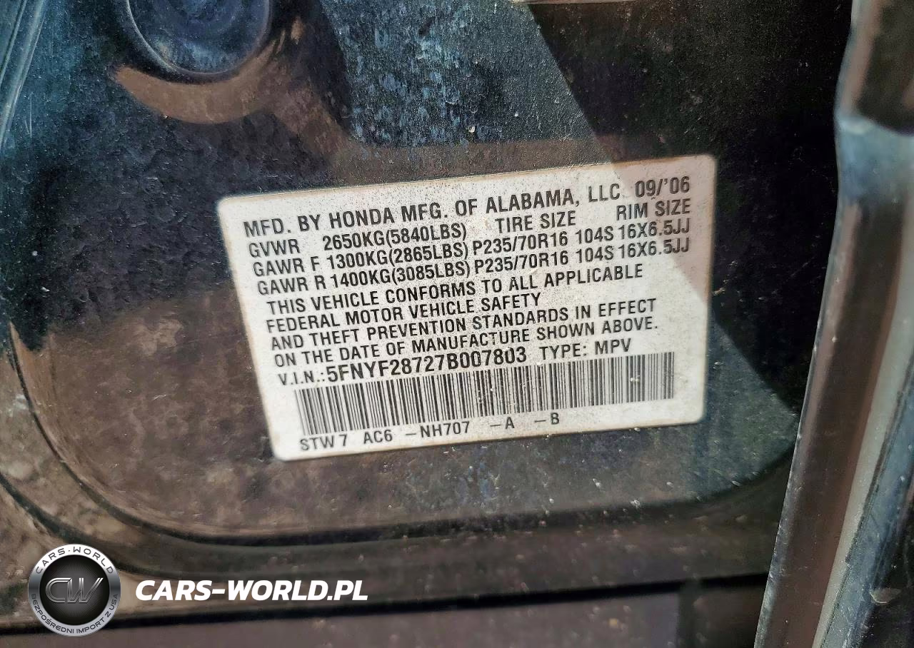 2007 Honda Pilot Exl VIN:5FNYF28727B007803 - 13