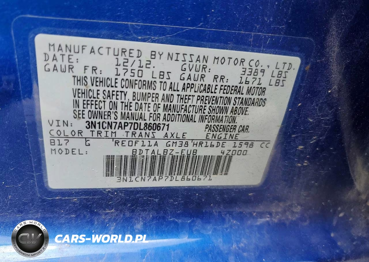 2013 Nissan Versa 1.6 S VIN:3N1CN7AP7DL860671 - 12
