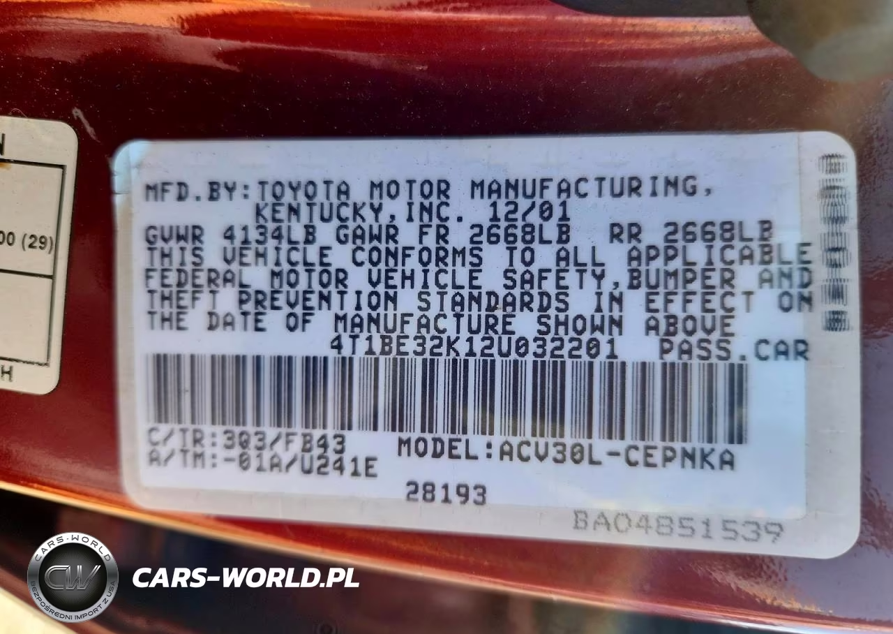 2002 Toyota Camry Le VIN:4T1BE32K12U032201 - 12
