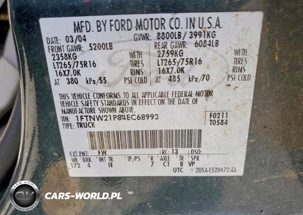 2004 Ford F250 Super Duty VIN:1FTNW21P84EC68993 - 12