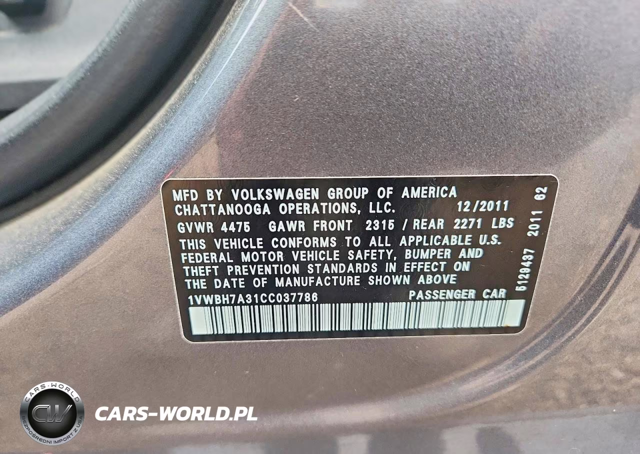 2012 Volkswagen Passat Se VIN:1VWBH7A31CC037786 - 12