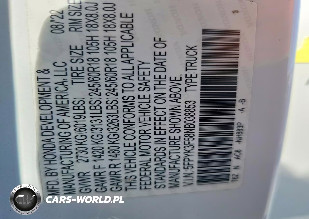 2022 Honda Ridgeline Rtl VIN:5FPYK3F58NB038853 - 13