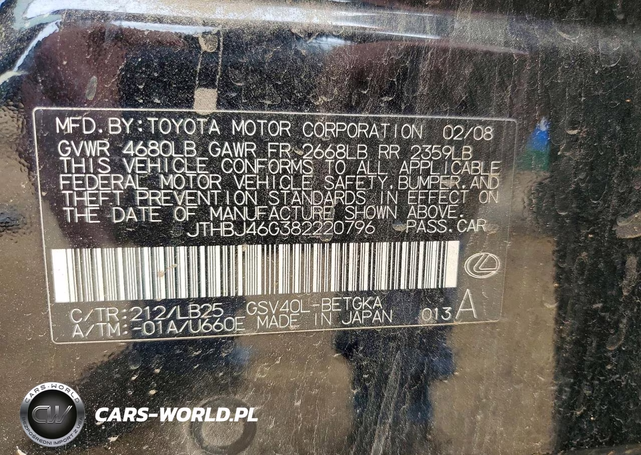 2008 Lexus Es 350 VIN:JTHBJ46G382220796 - 12