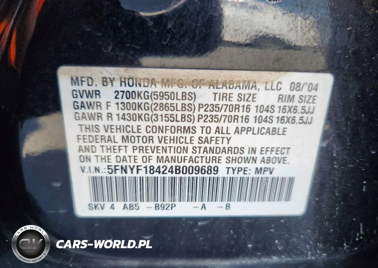 2004 Honda Pilot Ex VIN:5FNYF18424B009689 - 12