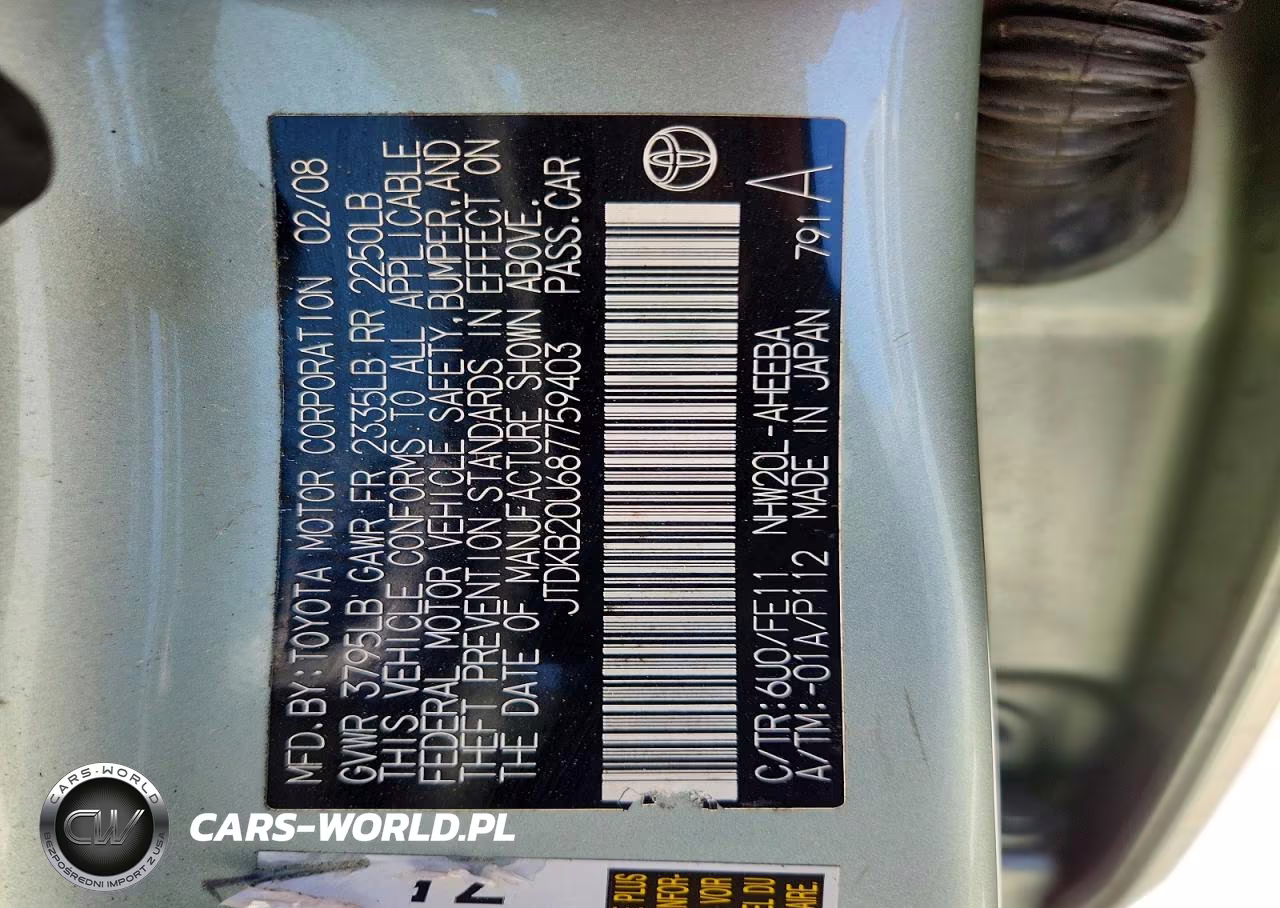 2008 Toyota Prius Base VIN:JTDKB20U687759403 - 12