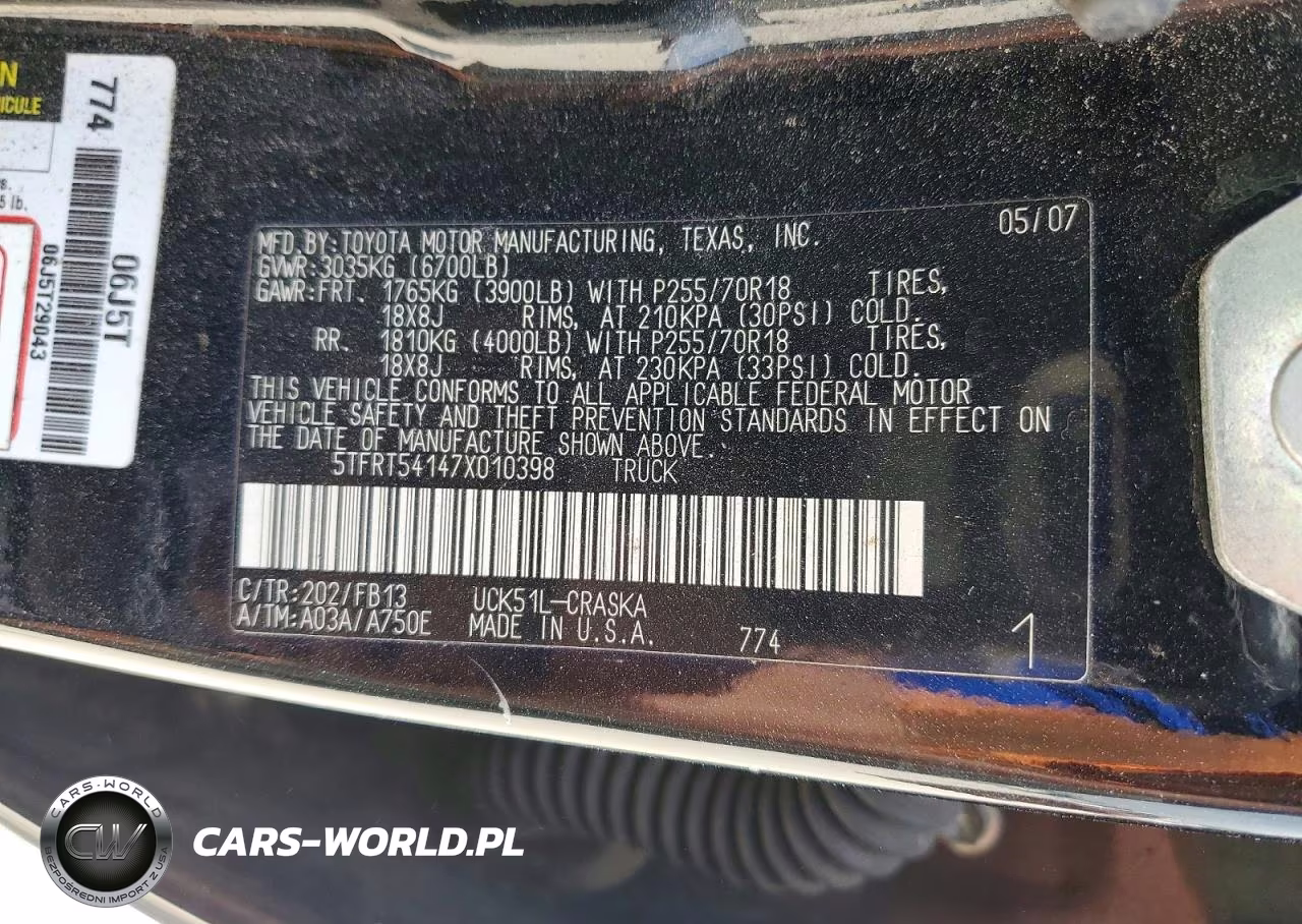 2007 Toyota Tundra Sr5 VIN:5TFRT54147X010398 - 12
