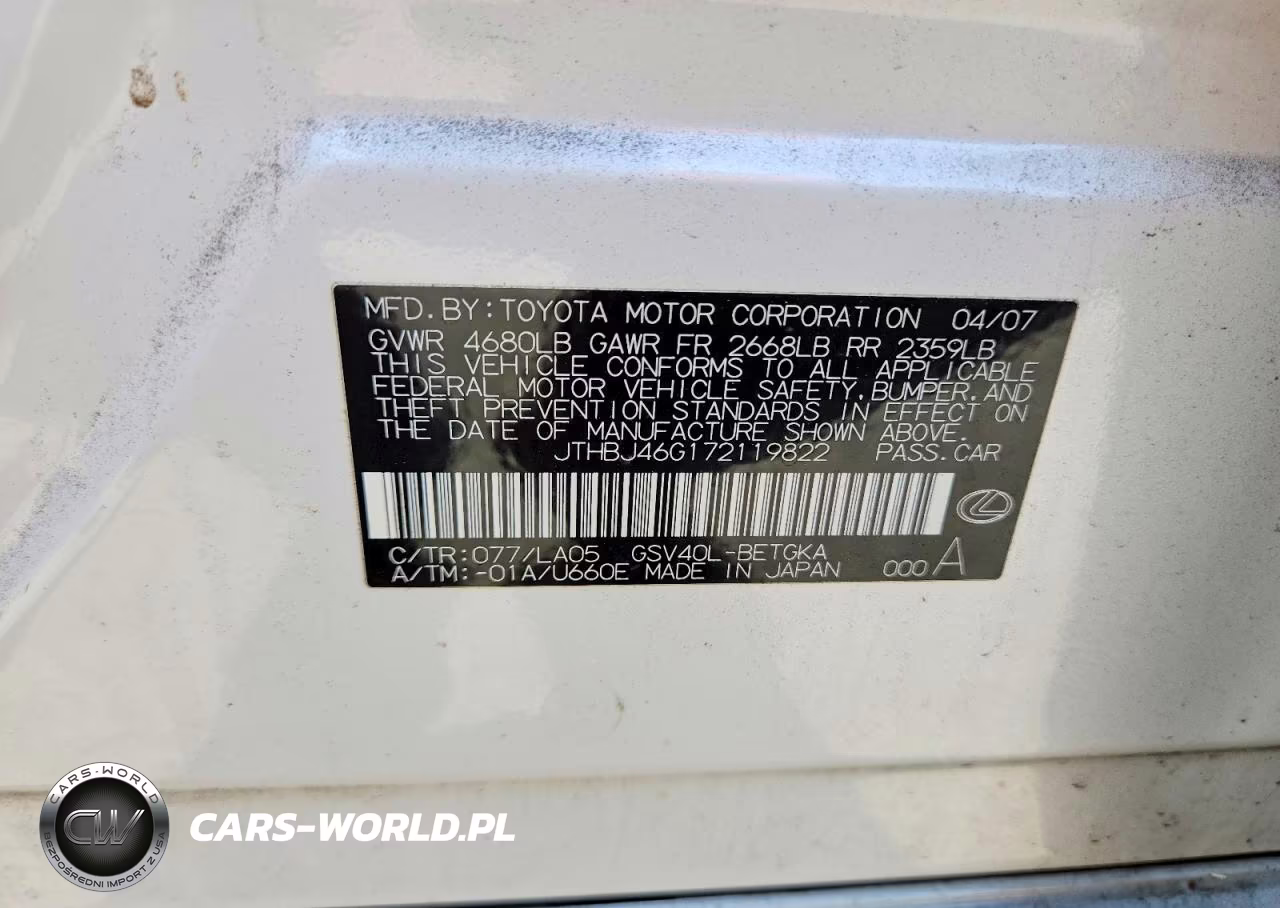 2007 Lexus Es 350 VIN:JTHBJ46G172119822 - 12