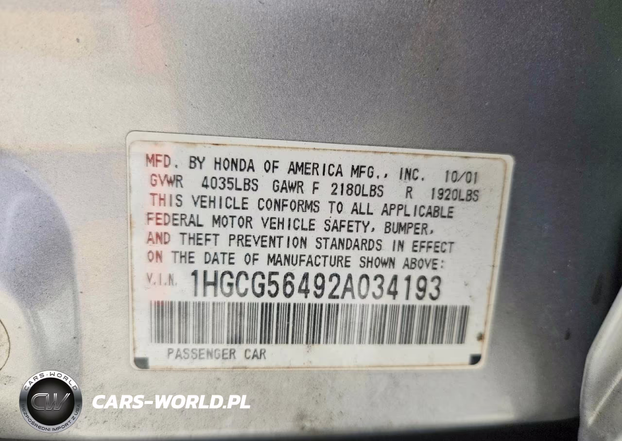 2002 Honda Accord Lx VIN:1HGCG56492A034193 - 12