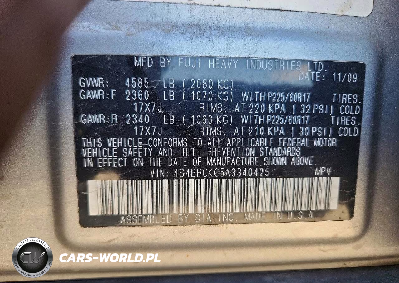 2010 Subaru Outback 2.5I Limited VIN:4S4BRCKC5A3340425 - 12