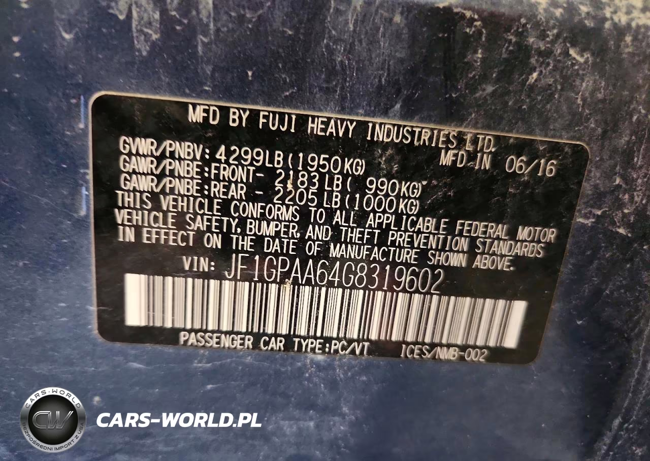 2016 SUBARU IMPREZA VIN:JF1GPAA64G8319602 - 14