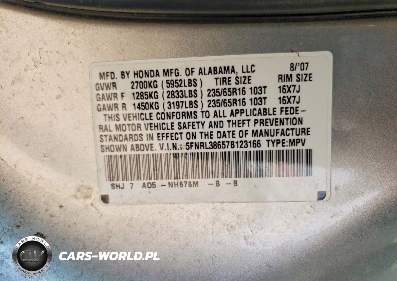 2007 Honda Odyssey Exl VIN:5FNRL38657B123166 - 13