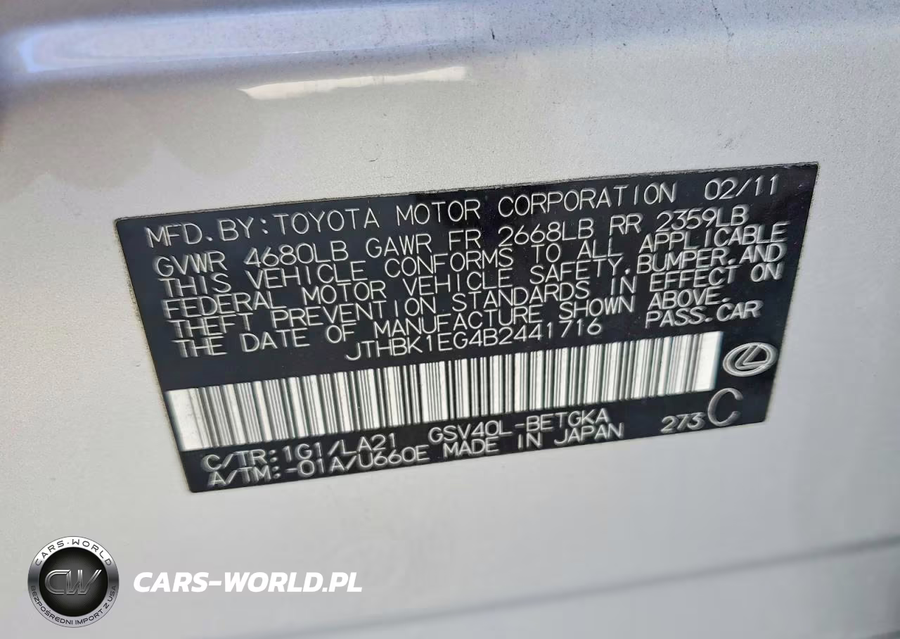 2011 Lexus Es 350 VIN:JTHBK1EG4B2441716 - 12