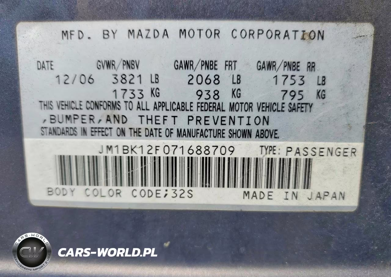 2007 Mazda 3 I VIN:JM1BK12F071688709 - 12