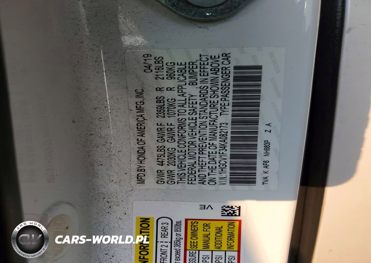 2019 Honda Accord Sport VIN:1HGCV1F34KA082173 - 12