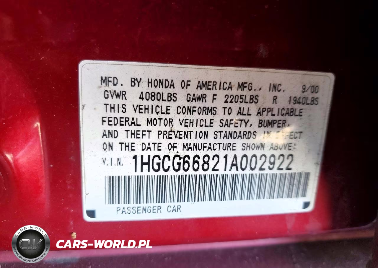 2001 Honda Accord Ex VIN:1HGCG66821A002922 - 12