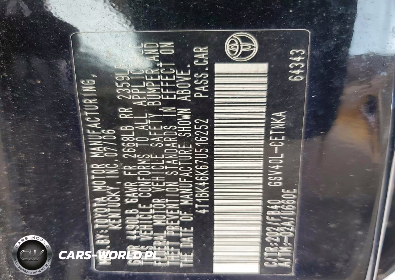2007 Toyota Camry Le V6 VIN:4T1BK46K67U516252 - 12