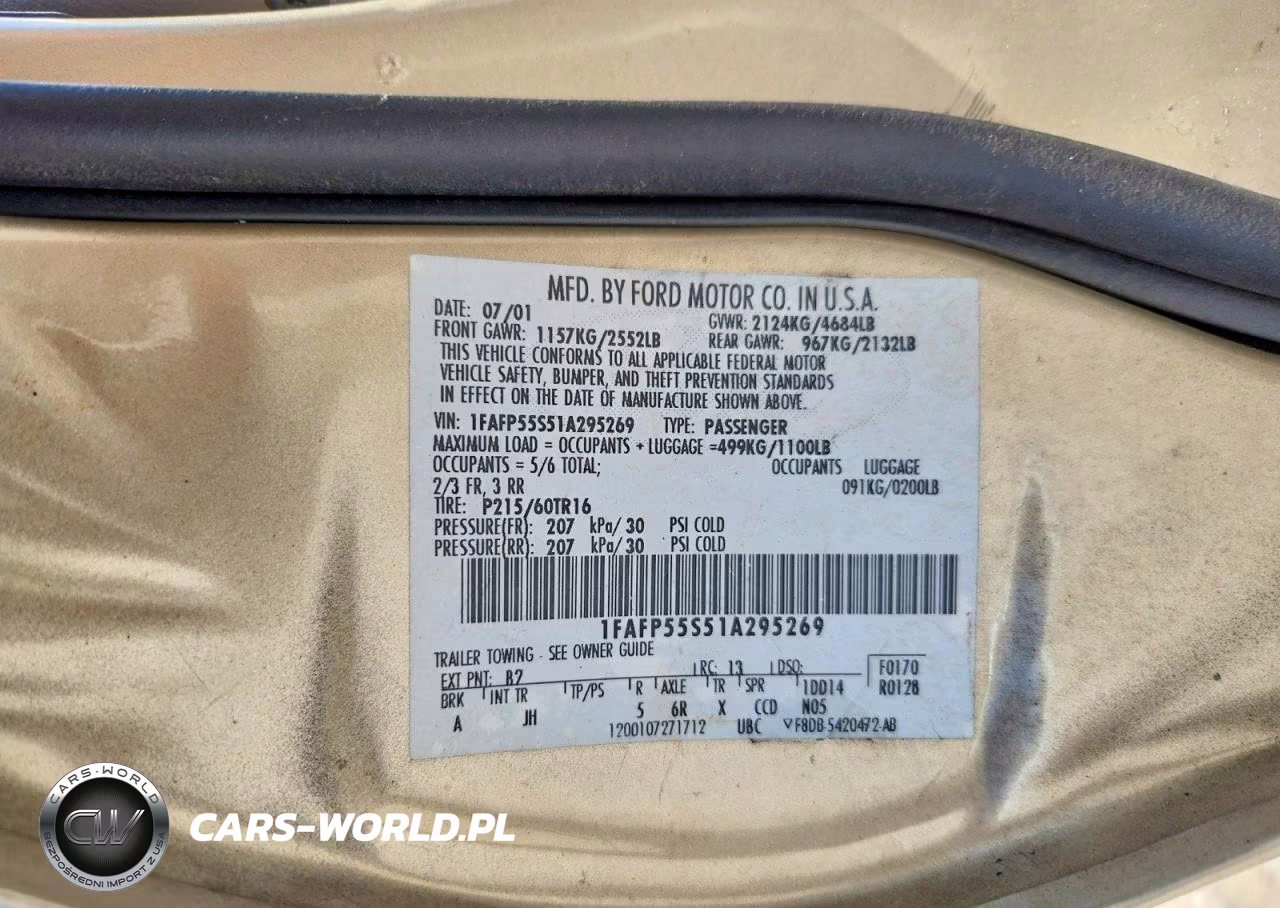 2001 Ford Taurus Ses VIN:1FAFP55S51A295269 - 12