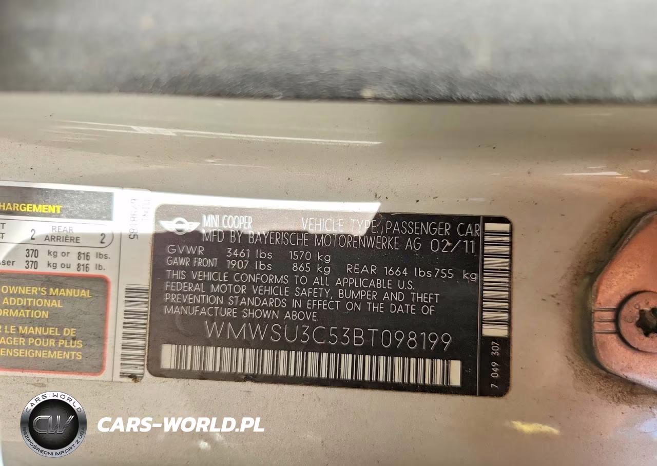 2011 Mini Cooper Base VIN:WMWSU3C53BT098199 - 12