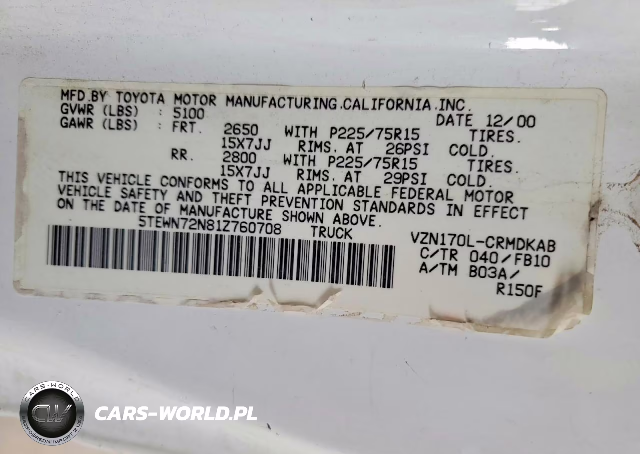 2001 Toyota Tacoma V6 VIN:5TEWN72N81Z760708 - 12
