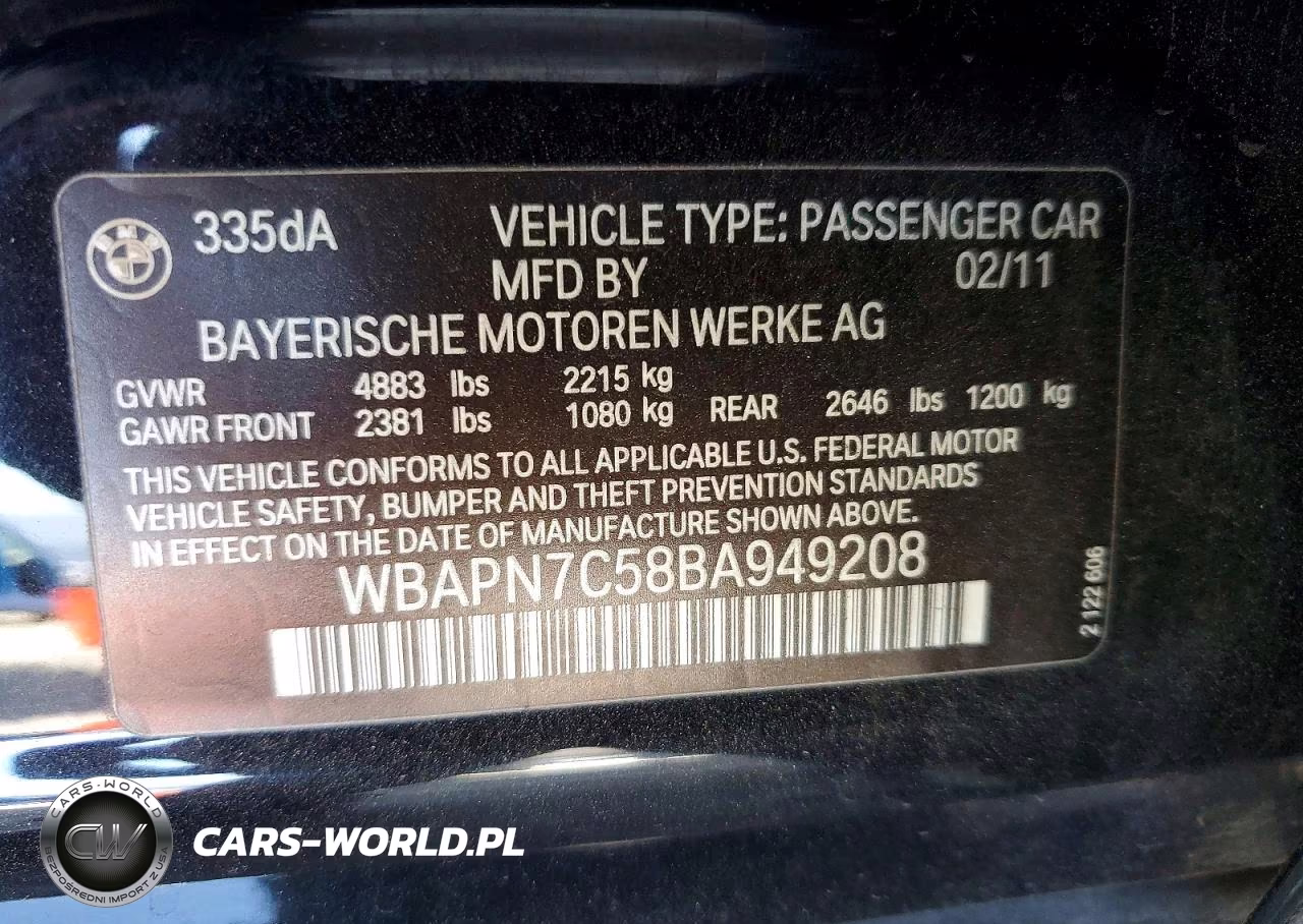 2011 BMW 335 D VIN:WBAPN7C58BA949208 - 12