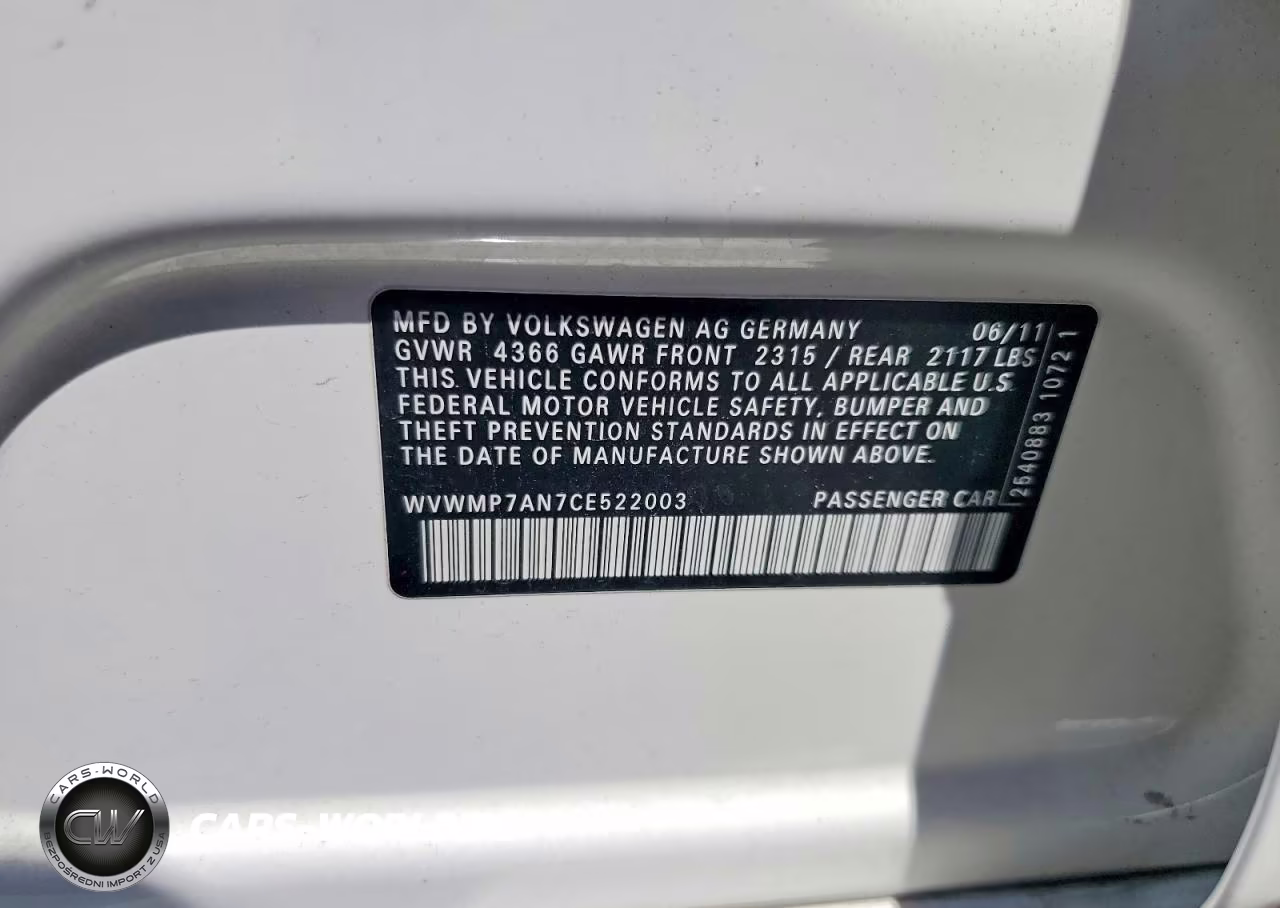 2012 Volkswagen Cc Sport VIN:WVWMP7AN7CE522003 - 12