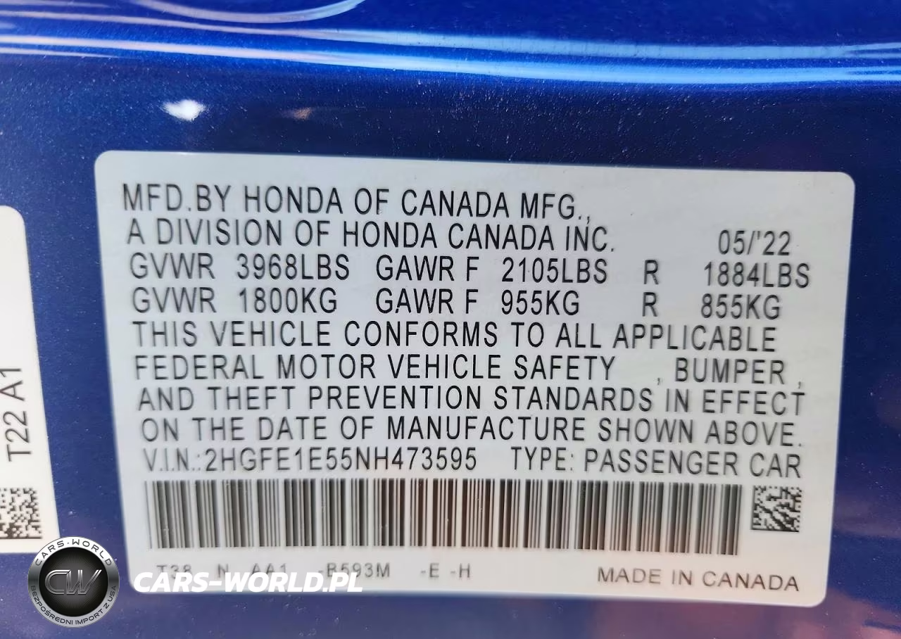 2022 Honda Civic Si VIN:2HGFE1E55NH473595 - 12