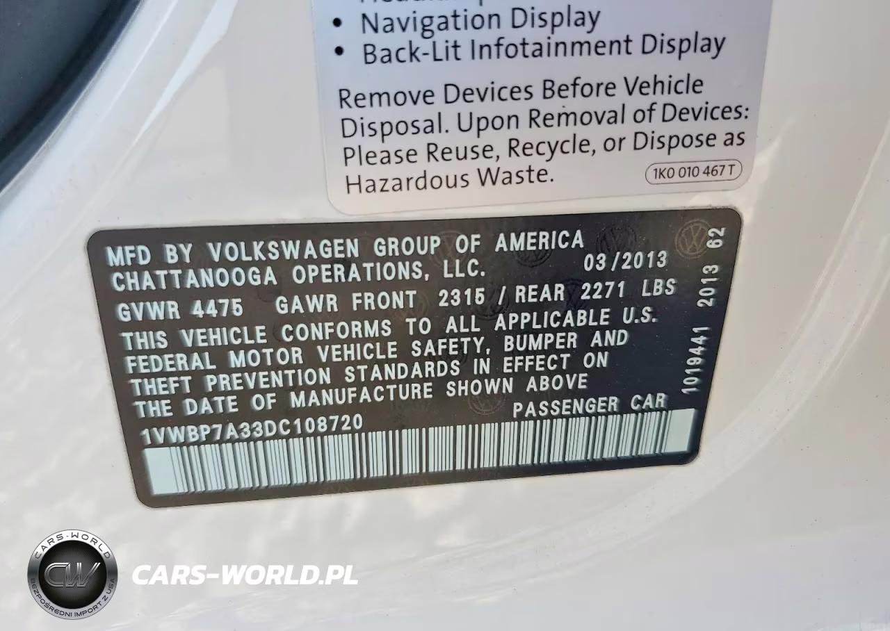 2013 Volkswagen Passat Se VIN:1VWBP7A33DC108720 - 12