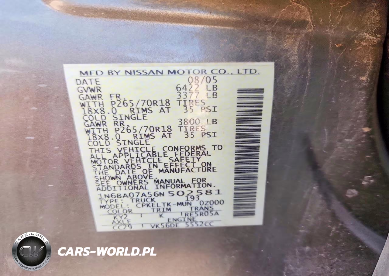 2006 Nissan Titan Xe Ffv VIN:1N6BA07A56N502581 - 12