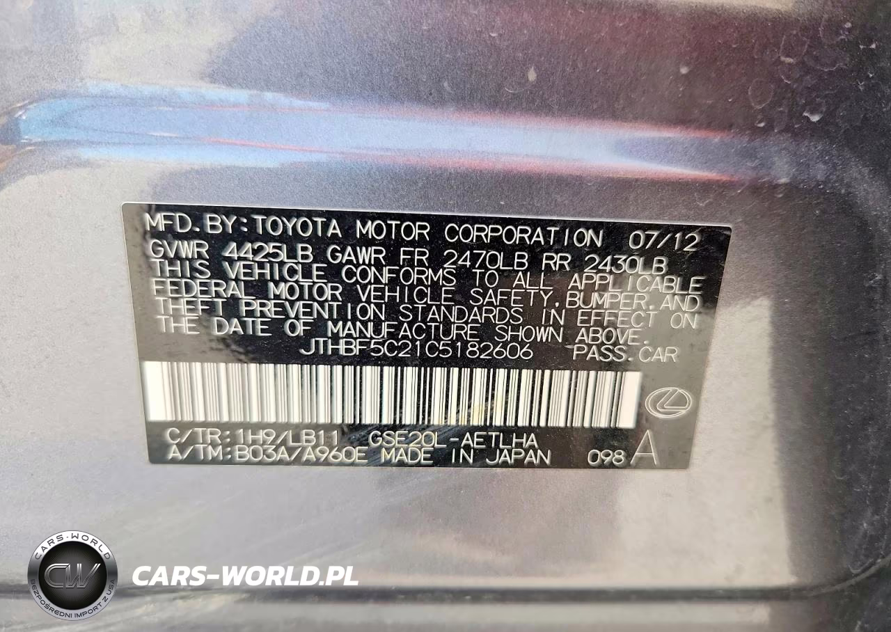 2012 Lexus Is 250 Base VIN:JTHBF5C21C5182606 - 12