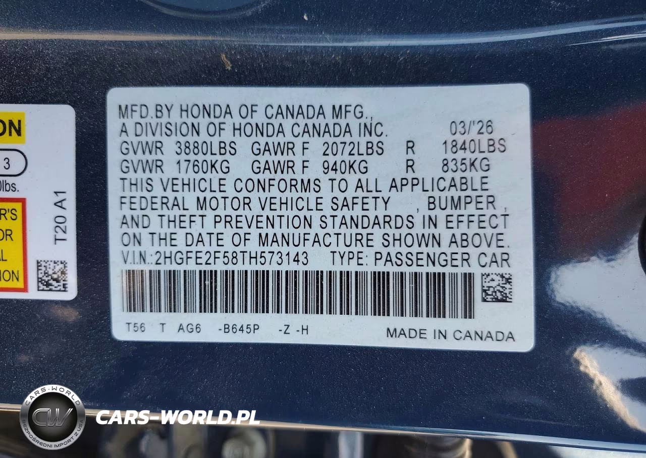 2026 Honda Civic Sport VIN:2HGFE2F58TH573143 - 12