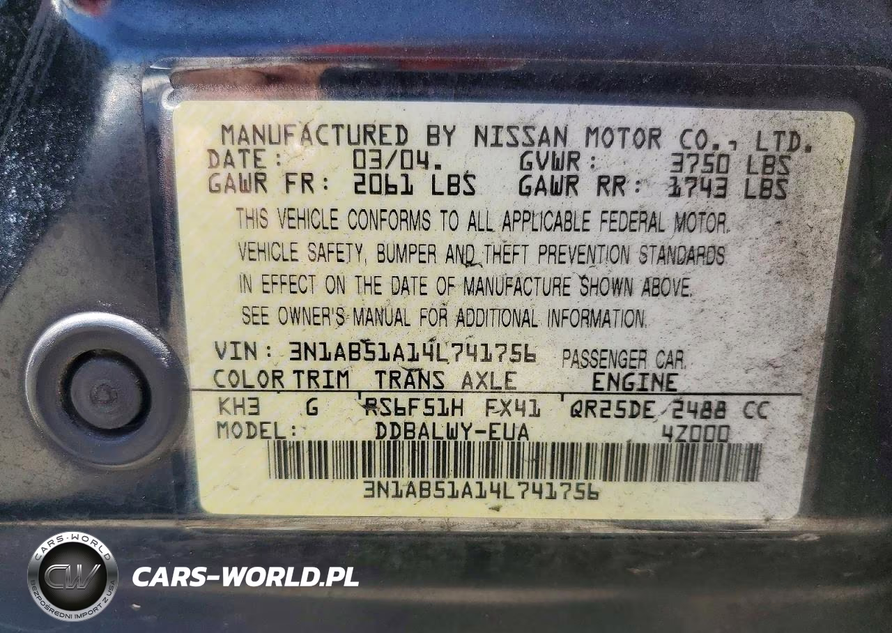 2004 Nissan Sentra 2.5S VIN:3N1AB51A14L741756 - 13