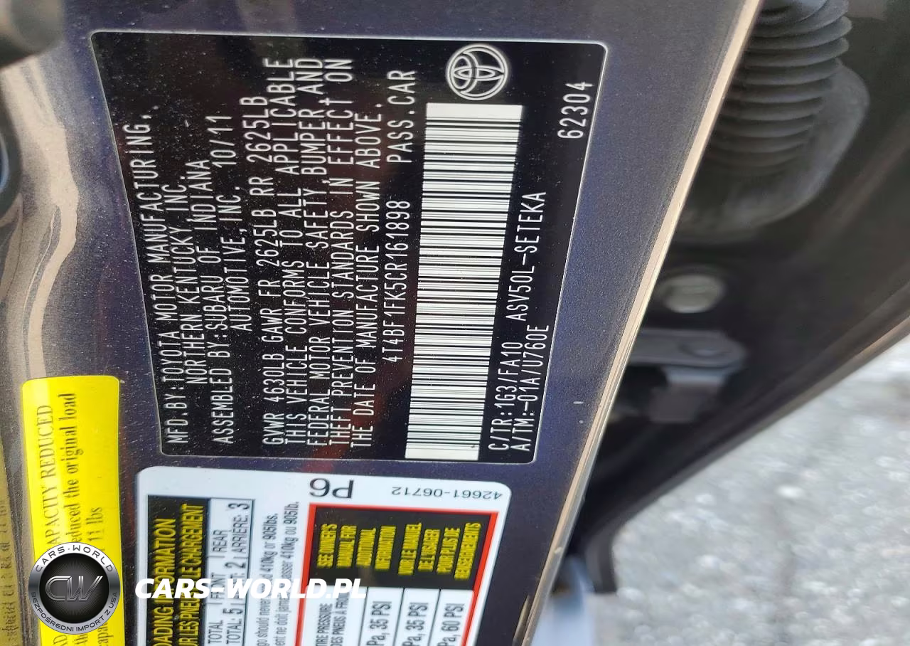 2012 Toyota Camry L VIN:4T4BF1FK5CR161898 - 12