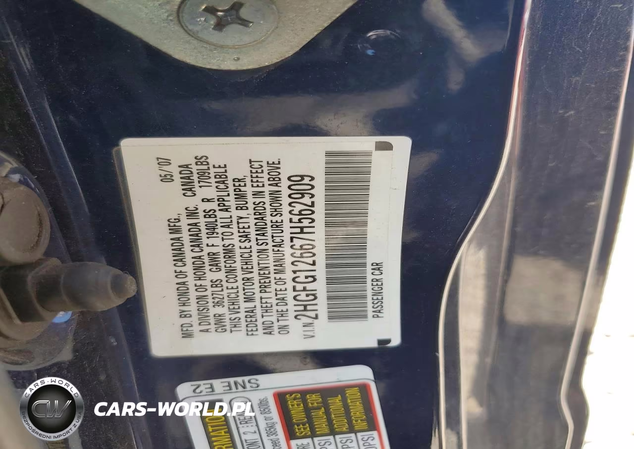 2007 Honda Civic Lx VIN:2HGFG12667H562909 - 12