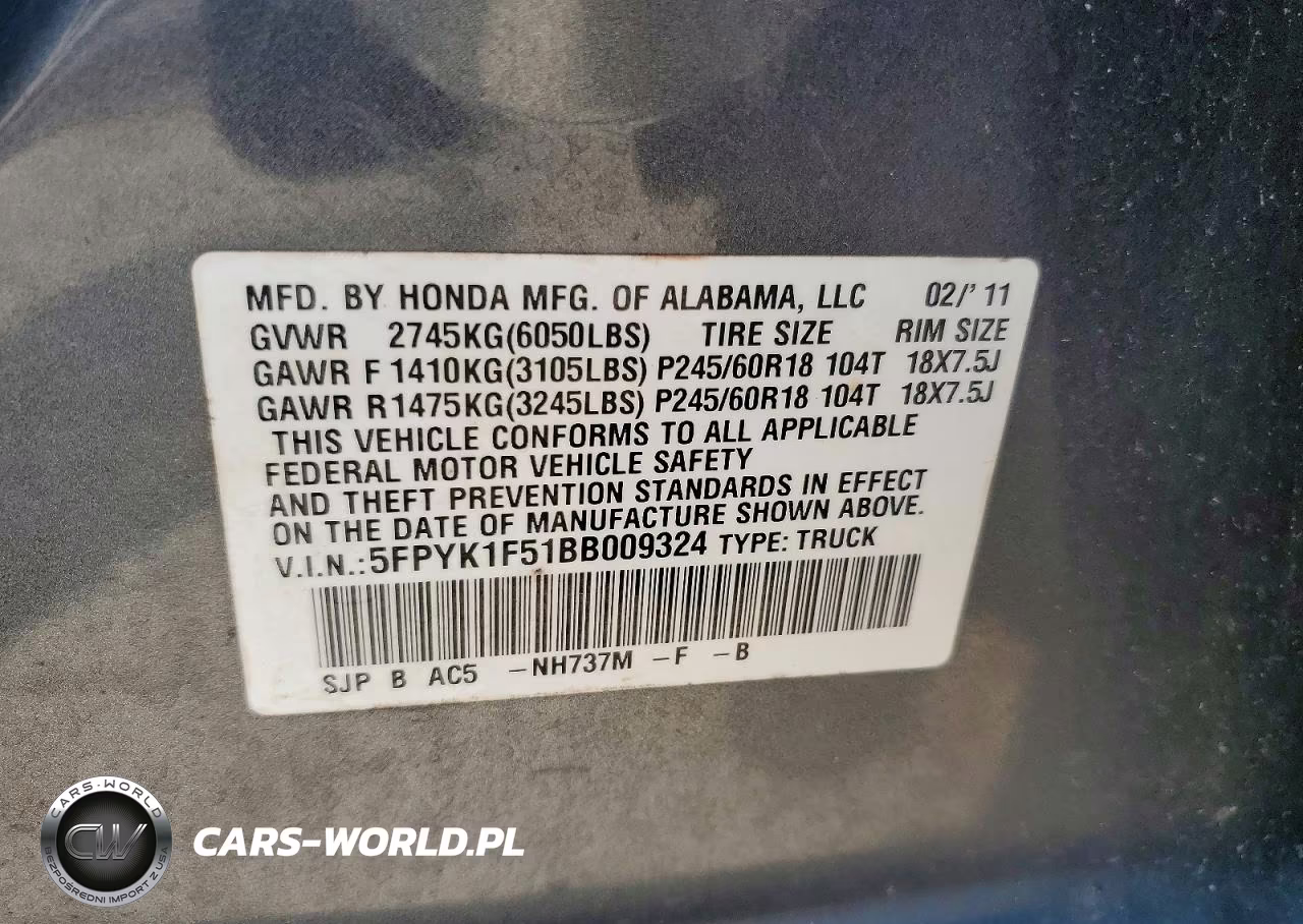 2011 Honda Ridgeline Rtl VIN:5FPYK1F51BB009324 - 12