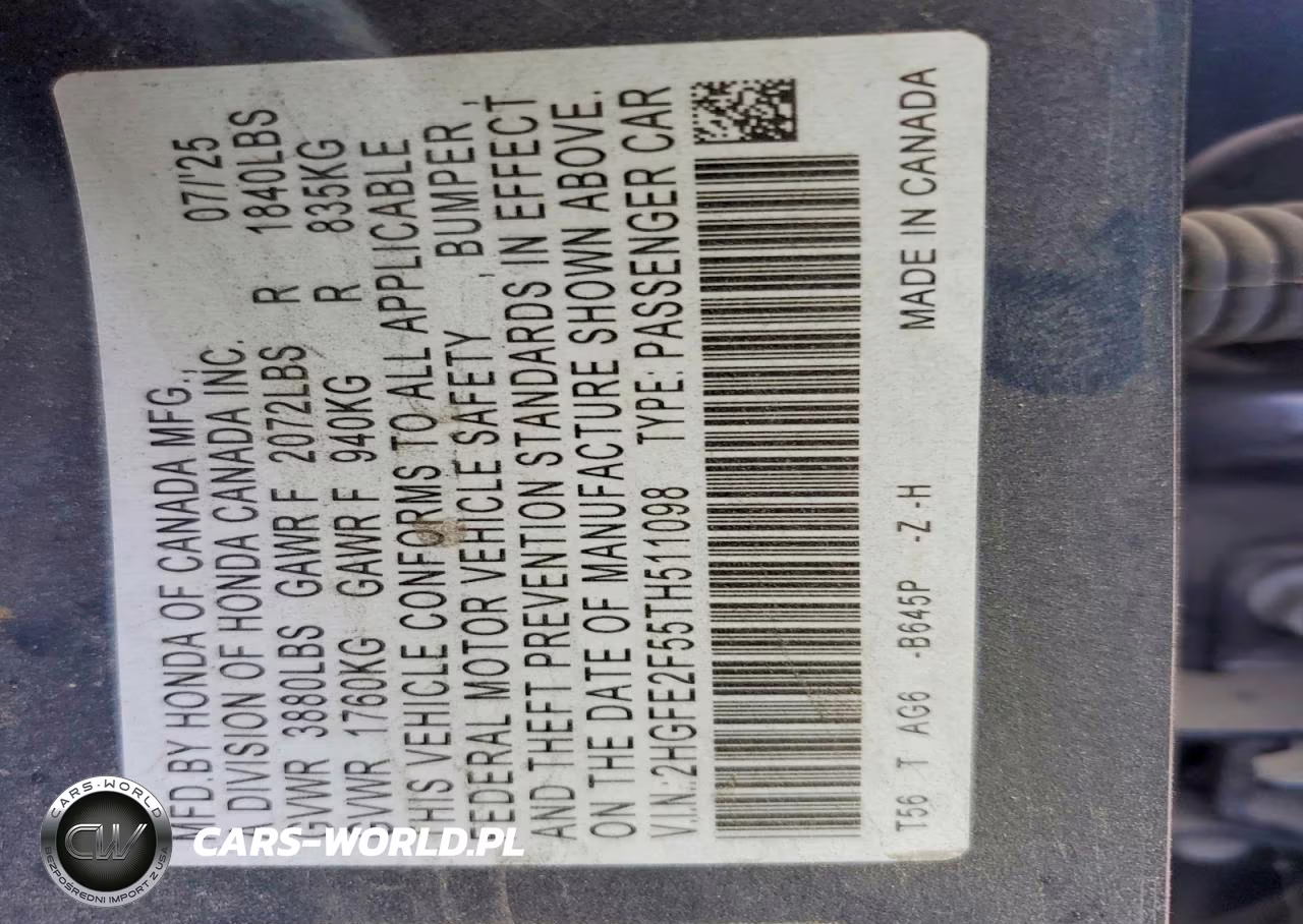 2026 Honda Civic Sport VIN:2HGFE2F55TH511098 - 12