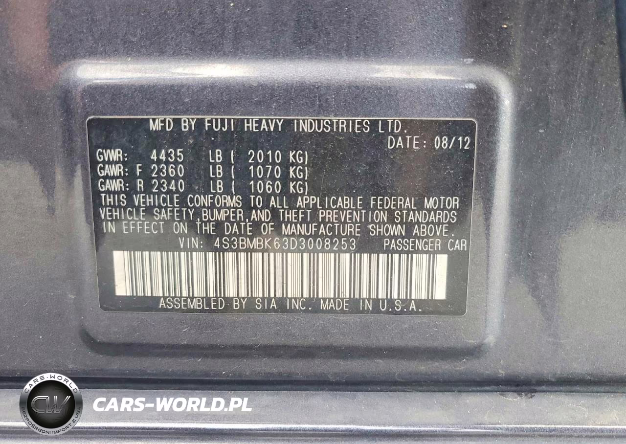 2013 Subaru Legacy 2.5I Limited VIN:4S3BMBK63D3008253 - 12