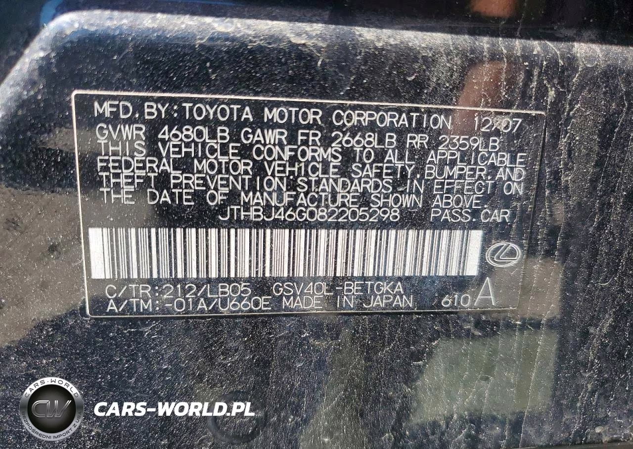 2008 Lexus Es 350 VIN:JTHBJ46G082205298 - 12