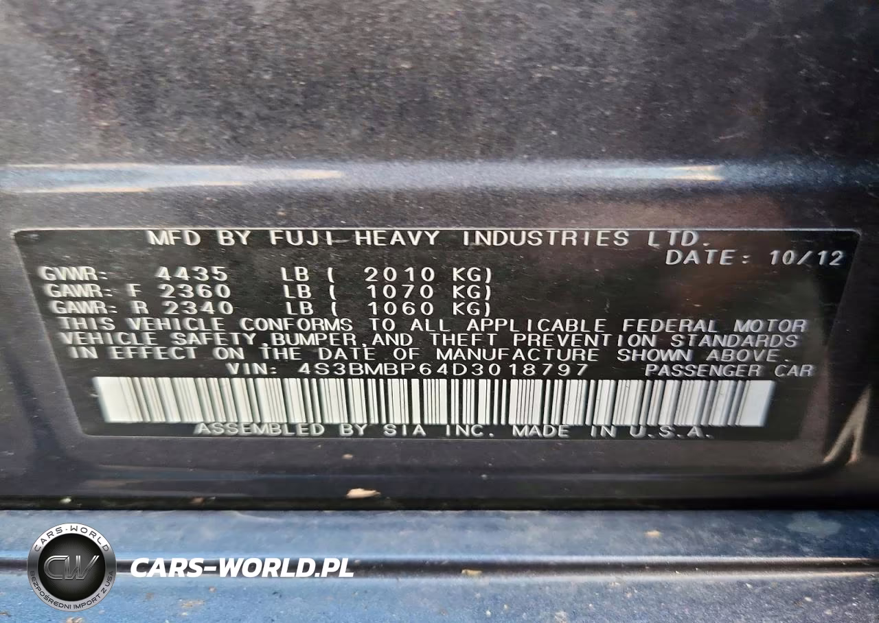 2013 Subaru Legacy 2.5I Limited VIN:4S3BMBP64D3018797 - 12