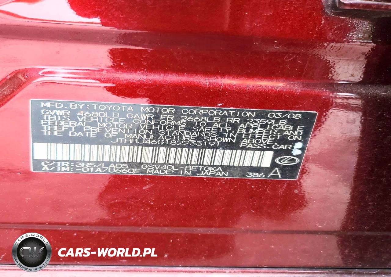 2008 Lexus Es 350 VIN:JTHBJ46G182233191 - 12