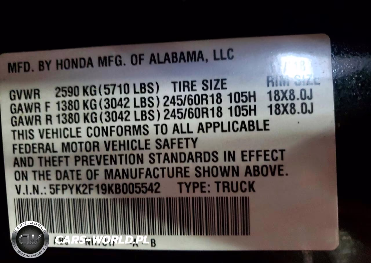 2019 Honda Ridgeline Sport VIN:5FPYK2F19KB005542 - 12