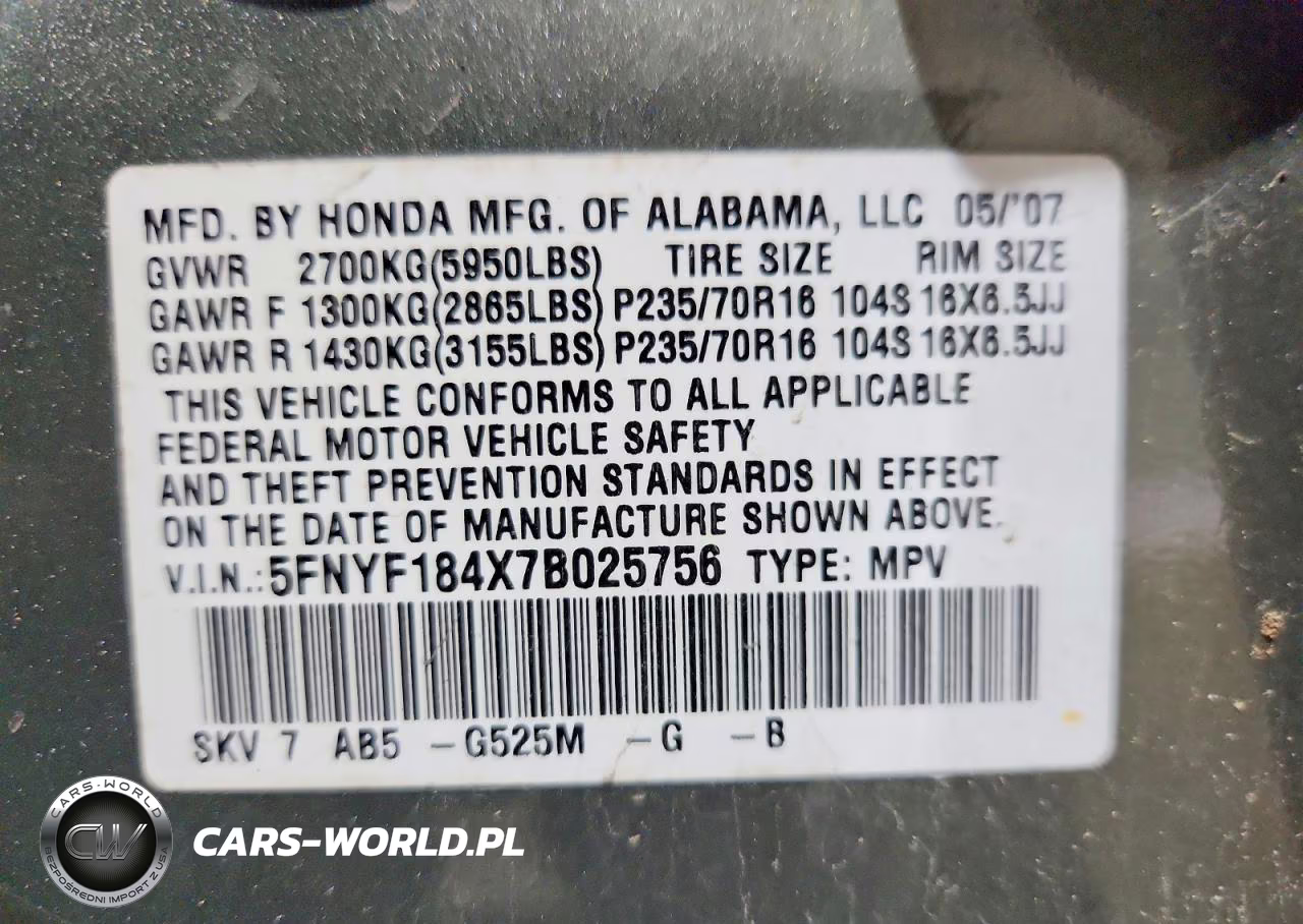 2007 Honda Pilot Ex VIN:5FNYF184X7B025756 - 12