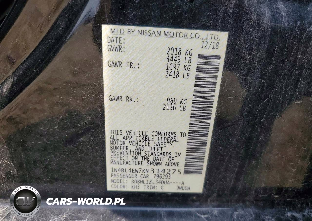 2019 Nissan Altima Sl VIN:1N4BL4EW7KN314275 - 12