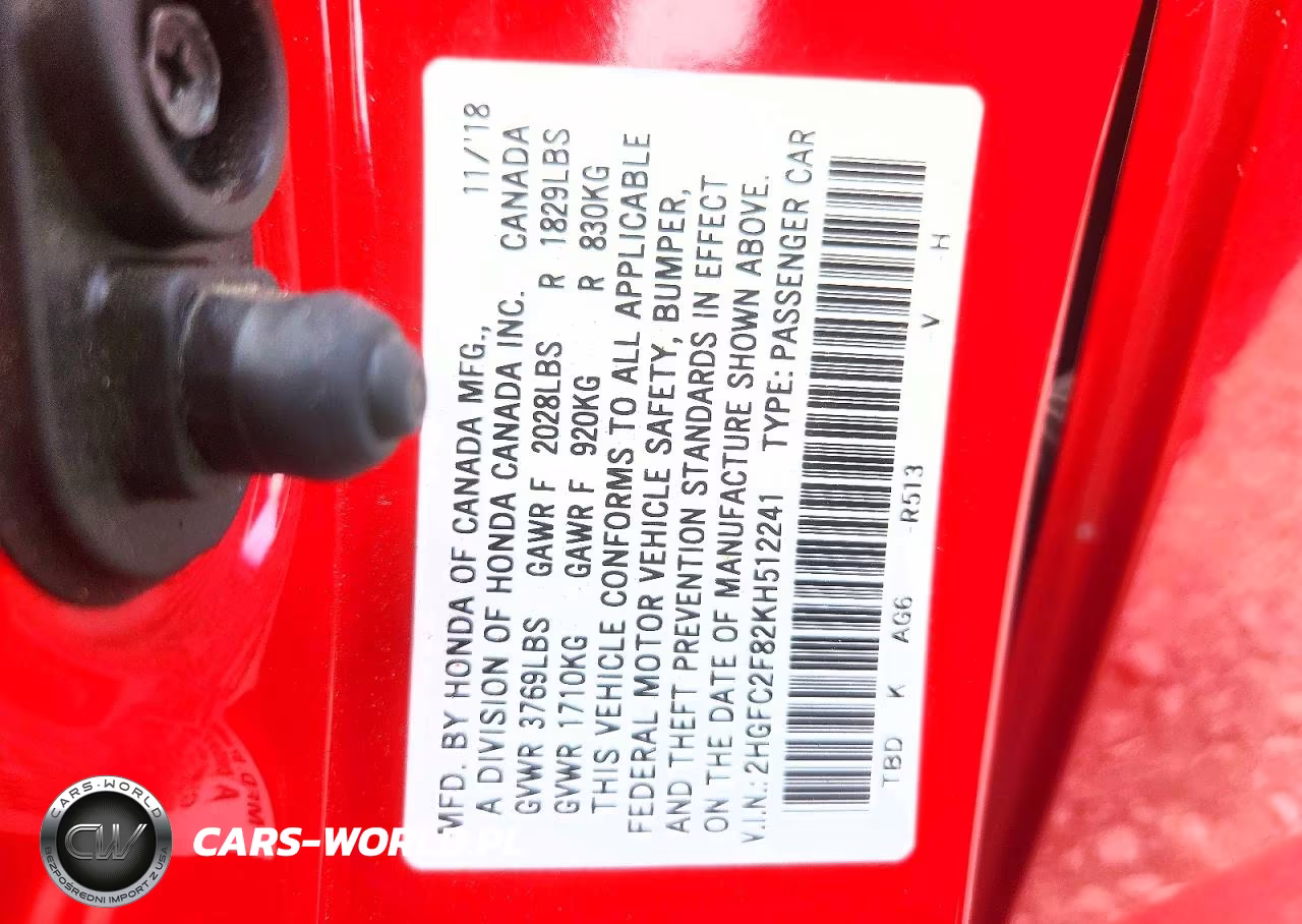 2019 Honda Civic Sport VIN:2HGFC2F82KH512241 - 12