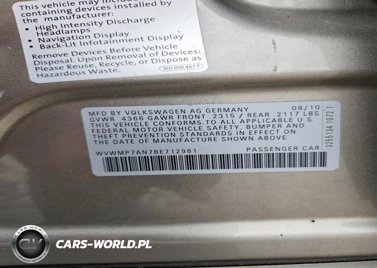 2011 Volkswagen Cc Sport VIN:WVWMP7AN7BE712981 - 12