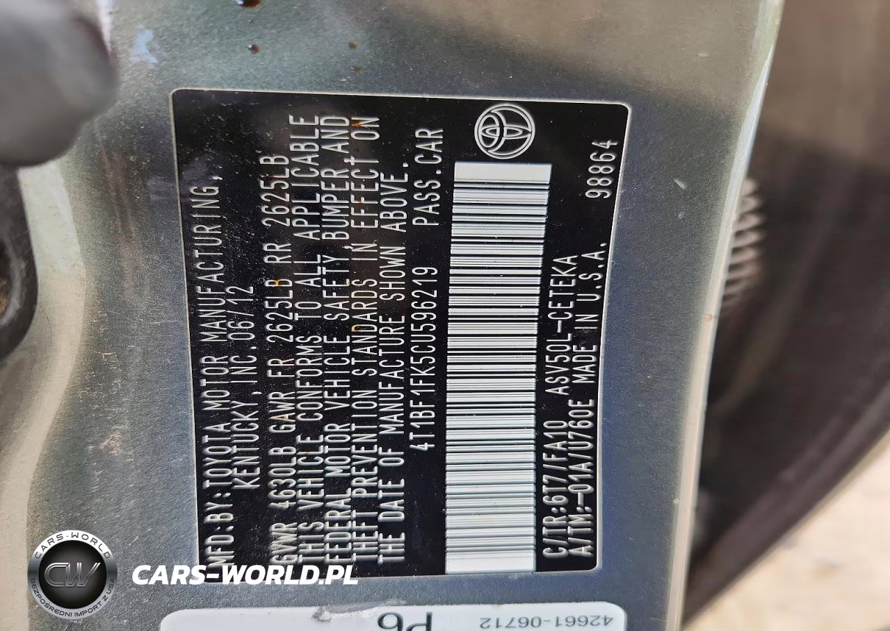 2012 Toyota Camry L VIN:4T1BF1FK5CU596219 - 12