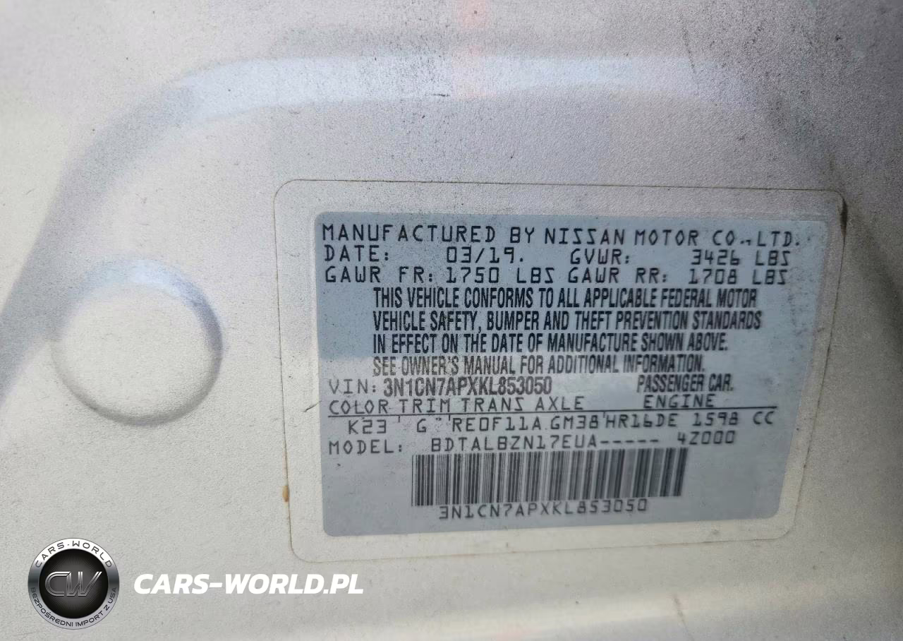 2019 Nissan Versa Sv VIN:3N1CN7APXKL853050 - 12