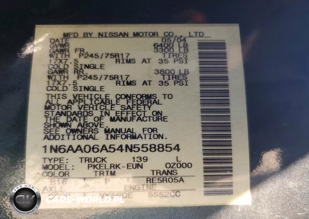 2004 Nissan Titan Xe VIN:1N6AA06A54N558854 - 12